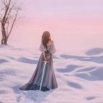 beautiful woman standing on snow with sword behind her back.